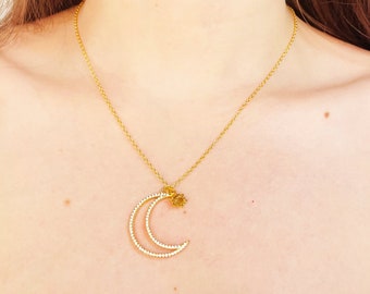 Moon 18k Gold Necklace, Zirconias Necklace, Minimalist Necklace, Fashion Jewelry, Sterling Silver 925, Gold Moon Necklace, Gold Pendant