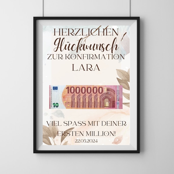 Geldgeschenk Konfirmation "Deine erste Million!", personalisierte PDF Vorlage zum Ausdrucken, Geschenk zur Konfirmation personalisierbar