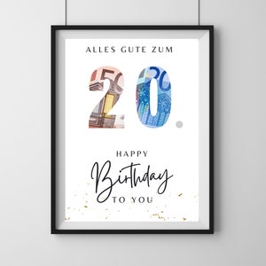 Money gift "20", PDF template for printing, birthday gift, gift idea, 20th birthday, customizable