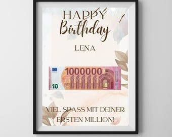 Money Gift &quot;Your First Million!&quot;, Personalized PDF Template Printable, Birthday Gift Personalizable