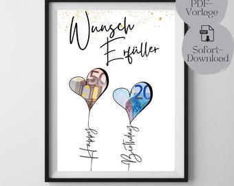 Birthday cash gift, wish fulfiller, PDF print template, birthday gift, last minute, DIY gift idea, instant download