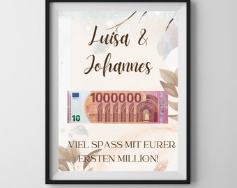 Huwelijkscadeau "Uw eerste miljoen!", PDF-afdruksjabloon, geldgeschenk aanpasbaar