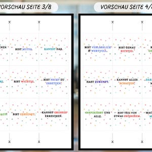 May include: Two white pages with text in German, featuring phrases like "You can do it" and "You are important," with colorful polka dots. The pages are labeled "Preview Page 3/8" and "Preview Page 4/8."