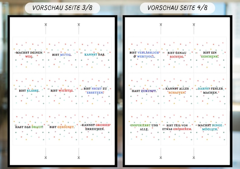 May include: Two white pages with text in German, featuring phrases like "You can do it" and "You are important," with colorful polka dots. The pages are labeled "Preview Page 3/8" and "Preview Page 4/8."