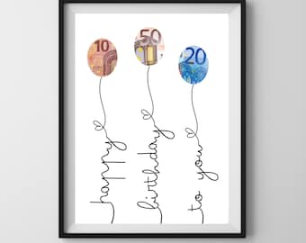 Geldgeschenk "Geldballons", personalisierte PDF Vorlage zum Ausdrucken, Geburtstagsgeschenk personalisierbar