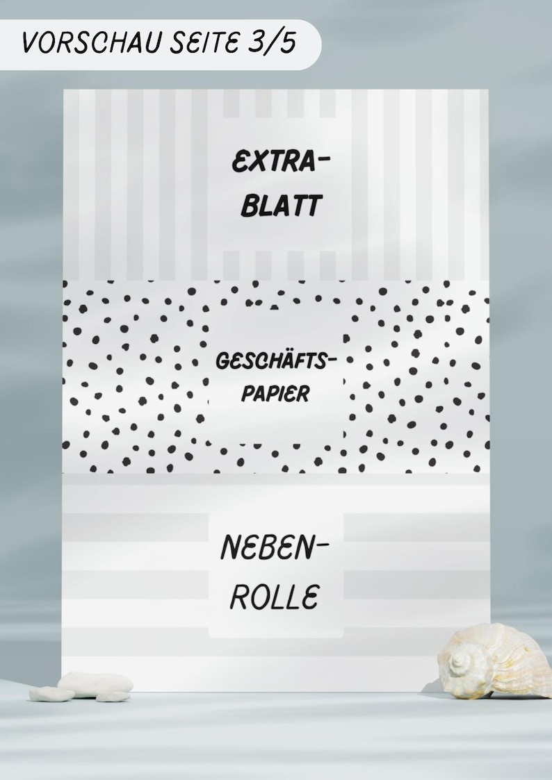 May include: A white and gray striped background with three text blocks: "EXTRA-BLATT", "GESCH&Auml;FTS-PAPIER", and "NEBEN-ROLLE". The middle section has a black polka dot pattern. A seashell and small white stones are in the foreground.