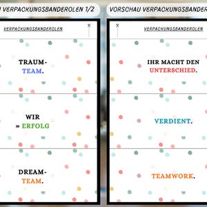 May include: Two packaging banderoles with a white background and colorful polka dots. The left banderole has the text "TRAUM-TEAM", "WIR = ERFOLG", and "DREAM-TEAM". The right banderole has the text "IHR MACHT DEN UNTERSCHIED", "VERDIENT", and "TEAMWORK".