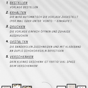 May include: A white background with instructions in German for digital design templates. The text includes steps for ordering, receiving, printing, designing, and gifting. Below are framed examples of the templates, with the Digital Designz logo.