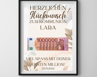 Geldgeschenk Kommunion "Deine erste Million!", personalisierte PDF Vorlage zum Ausdrucken, Geschenk zur Kommunion personalisierbar