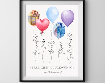 Geburtstagsgeschenk "Luftballons", PDF Druckvorlage, Geldgeschenk personalisierbar