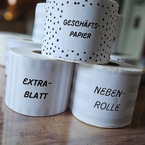 May include: Close-up of several rolls of white paper with text labels. One roll has a black polka dot pattern, while others have vertical stripes. The labels include the words "EXTRA-BLATT" and "NEBEN-ROLLE".