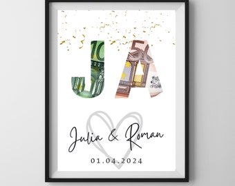 Geldgeschenk "JA", Hochzeit, personalisierte PDF Vorlage zum Ausdrucken, Hochzeitsgeschenk Brautpaar personalisierbar