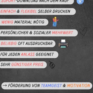 May include: A graphic with text in German, highlighting product benefits. Key phrases include "Instant Download," "Easy & Flexible Printing," and "Suitable for Any Occasion." The image features icons like a printer and a pencil holder.