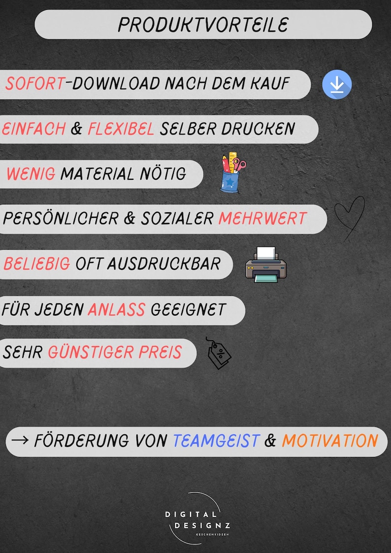 May include: A graphic with text in German, highlighting product benefits. Key phrases include "Instant Download," "Easy & Flexible Printing," and "Suitable for Any Occasion." The image features icons like a printer and a pencil holder.