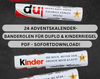 Adventskalenderomslag för Duplo & Kinder-barer, adventskalender PDF-utskrivbar mall, jul, gör-det-själv-presentidé