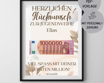 Jugendweihe Geldgeschenk "Deine erste Million", PDF Druckvorlage, Geschenk zur Jugendweihe, personalisierbar