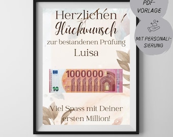 Passed exam cash gift "Your first million!", print template for graduation, studies, bachelor's degree & training, personalizable