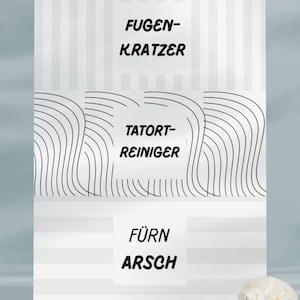 May include: A white and gray striped background with the German text "VORSCHAU SEITE 4/5" at the top. The image features three blocks of text: "FUGEN-KRATZER", "TATORT-REINIGER", and "F&Uuml;RN ARSCH". A seashell and a small white stone are in the foreground.