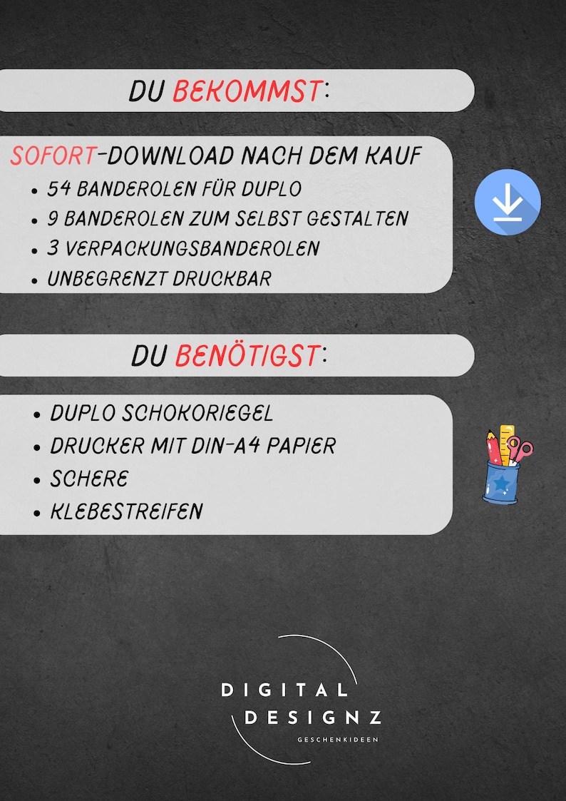 May include: Digital design graphic with text in German, including "DU BEKOMMST:" and "DU BEN&Ouml;TIGST:" with a list of items. A blue download icon is on the right. The bottom of the image has the text "DIGITAL DESIGNZ GESCHENKIDEEN".