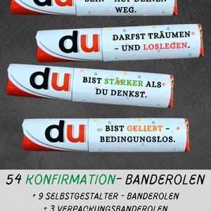 May include: Four white and red candy bar wrappers with the word "du" in black and red. Each wrapper has a different German phrase in colorful text. The image also includes text that says "54 KONFIRMATION- BANDEROLEN".