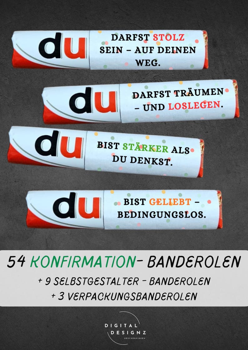 May include: Four white and red candy bar wrappers with the word "du" in black and red. Each wrapper has a different German phrase in colorful text. The image also includes text that says "54 KONFIRMATION- BANDEROLEN".
