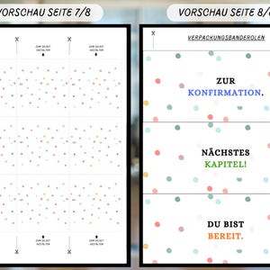 May include: Two white sheets with colorful confetti and German text. One sheet has the text "Vorschau Seite 7/8" and the other has "Vorschau Seite 8/8" with the text "ZUR KONFIRMATION", "N&Auml;CHSTES KAPITEL!", and "DU BIST BEREIT."