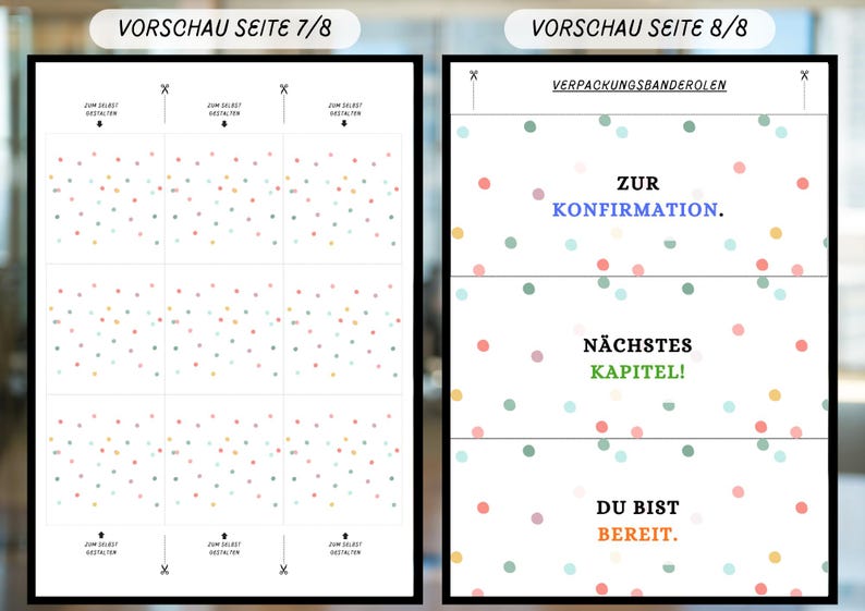 May include: Two white sheets with colorful confetti and German text. One sheet has the text "Vorschau Seite 7/8" and the other has "Vorschau Seite 8/8" with the text "ZUR KONFIRMATION", "N&Auml;CHSTES KAPITEL!", and "DU BIST BEREIT."
