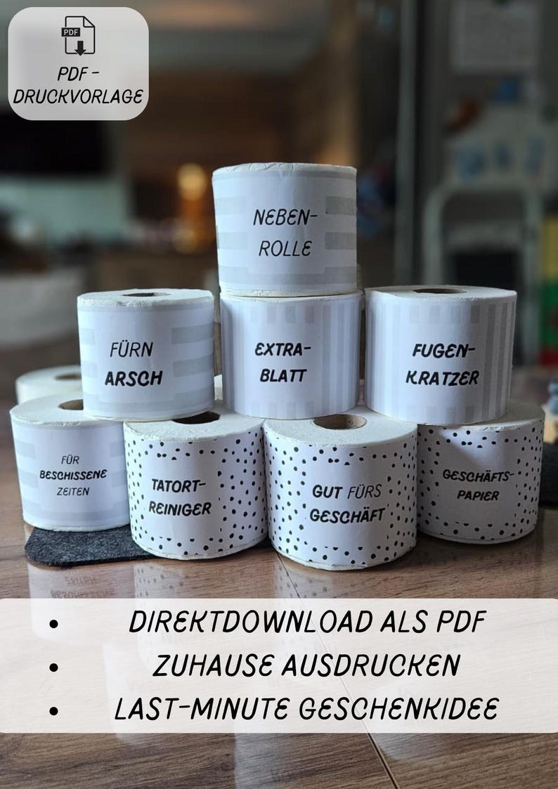May include: A stack of white paper rolls with various German phrases printed on them, including "NEBEN-ROLLE" and "EXTRA-BLATT". The image also includes the text "PDF - DRUCKVORLAGE" and bullet points with German text.