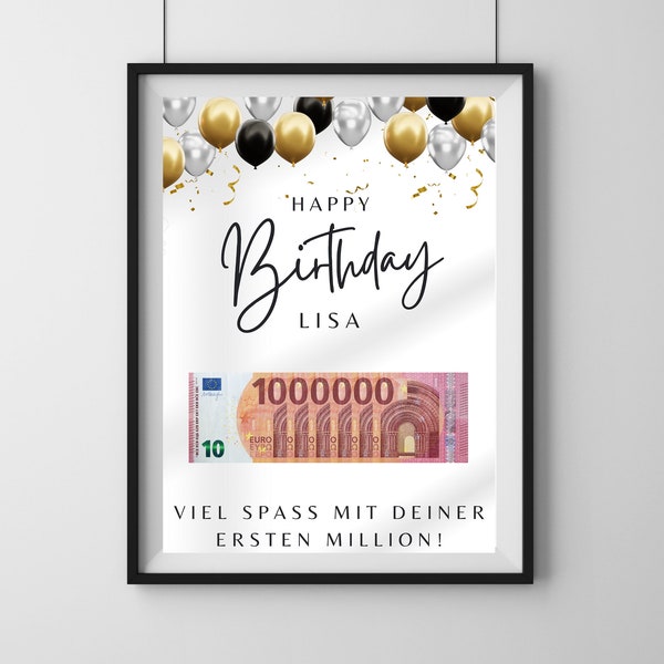 Money gift "Your first million!", personalized PDF template for printing, birthday gift customizable