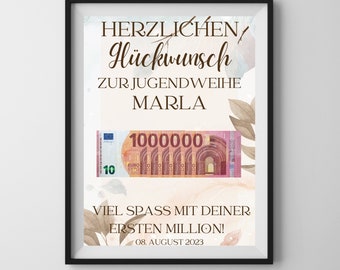 Geldgeschenk Jugendweihe "Deine erste Million!", personalisierte PDF Vorlage zum Ausdrucken, Geschenk zur Jugendweihe personalisierbar