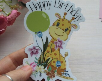Sticker Baby Giraffe with balloon "Happy Birthday" | Vinyl Sticker | Die-Cut | Waterproof | Journal