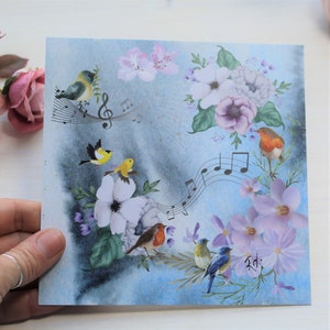Carte postale « Chant d’oiseau » | Carte de vœux | Printemps | Oiseaux | fleurs | Nature | nostalgie | Romance | Musique | Notes de musique