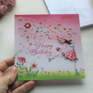 Postkarte "Happy Birthday" Mädchen | Frau auf Rollschuhen | Veredelt | 140x140 mm | Gußkarte | Geburtstag | Geburtstagsgrüße | Glitter