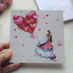 Postkarte Paar mit Herz-Luftballons | Hochzeit | Brautpaar | Gußkarte | Valentinstag | Liebe | Pärchen | 140x140 mm