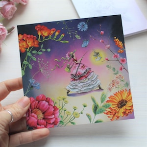 Cartolina donna con lanterna | Raffinato | 140x140mm | Carta raffica | Biglietto d'auguri | Auguri di compleanno | Scintillio