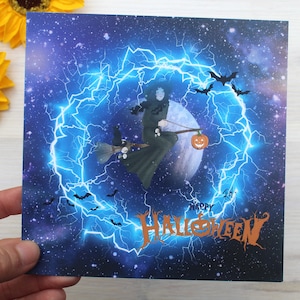 Halloween postcard witch on broom incl. envelope | Halloween greetings | Scary postcards | Illustrations | Witch cards | Full moon