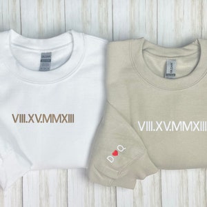 Personalized Roman Numeral Couple Crew - Custom Date & Initial Embroidery - Anniversary, Valentine&#39;s Day Gift, Embroidered Couples Hoodie
