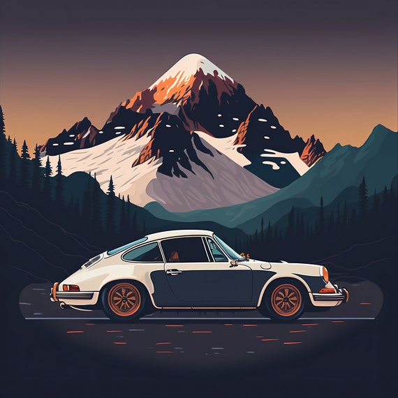 Art Poster Porsche 911 Carrera Car Mountain Road at Night