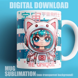 Diseño de sublimación de taza con una linda gata astronauta, taza PNG, descarga de envoltura de taza, diseños de sublimación de tazas de café, plantillas de tazas de 15 oz y 11 oz