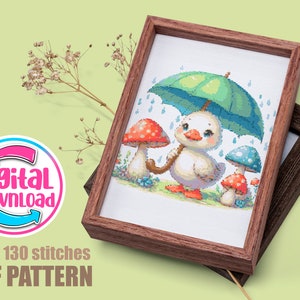 Kawaii duck with umbrella, kawaii goose Cross Stitch Pattern, cross stitch chart, embroidery pdf, Instant Download PDF