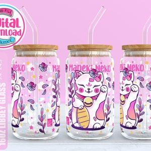 Menaki neko, lucky cat, cute cat 16oz Libbey Glass Can png, Glass Can Wrap, Coffee Glass Wrap, Libbey Glass Can Sublimation PNG, DTF png