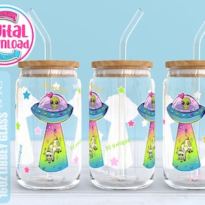 cute alien, ufo 16oz Libbey Glass Can png, Glass Can Wrap, Coffee Glass Wrap, Libbey Glass Can Sublimation PNG, DTF png