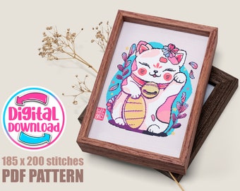 Maneki Neko Cat Cross Stitch Pattern, Lucky Charm (Instant Download PDF)