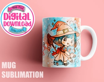 cute witch mug sublimation design, Mug PNG, Mug Wrap Download, Coffee mug sublimation designs, 15 oz, 11 oz mug template