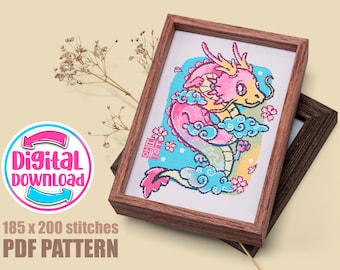 Kawaii Japanese Dragon Cross Stitch Pattern (Instant Download PDF)