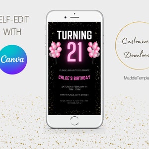 21st Birthday Digital Invitation, Pink Neon Birthday Template, Editable Invitation Template, Digital Invitation, Twenty First Birthday