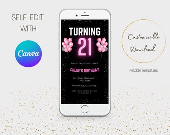 21st Birthday Digital Invitation, Pink Neon Birthday Template, Editable Invitation Template, Digital Invitation, Twenty First Birthday