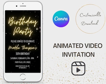 Geburtstagsparty Video Einladung, Gelbe Neon Video Einladung, Bearbeitbare Video Einladung, Silber Glitzer, Animierte Digitale Einladung