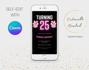 25th Birthday Digital Invitation, Pink Neon Birthday Template, Editable Invitation Template, Digital Invitation, Twenty Fifth Birthday