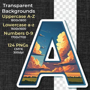 Alfabeto de paisagens de nuvens épicas - Download digital - 124 PNGs - Letras maiúsculas e minúsculas